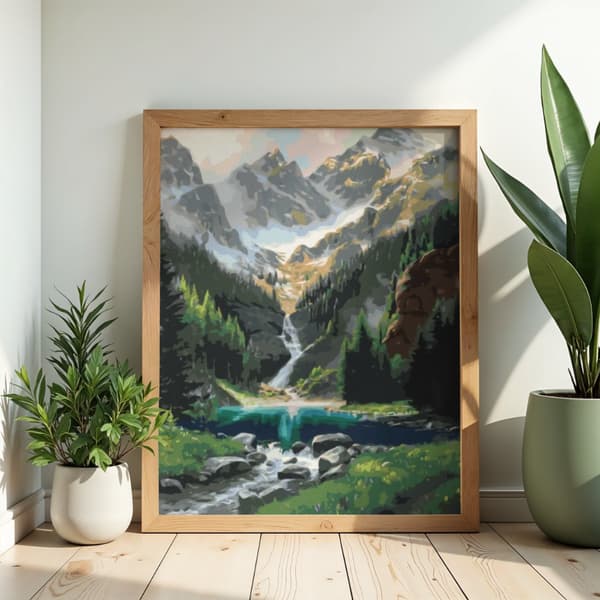 Måla efter nummer-bild med ram Hus i bergen 50x70 cm