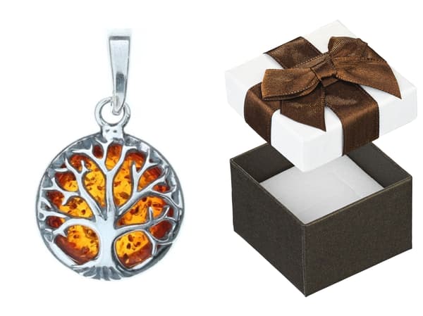 Silver Lucky Tree-hänge med oxiderad bärnstensamuletthänge
