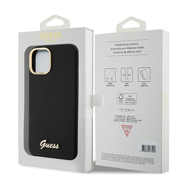 Guess Silikone Metal Logo & Ramme - iPhone 15 Etui (Sort)