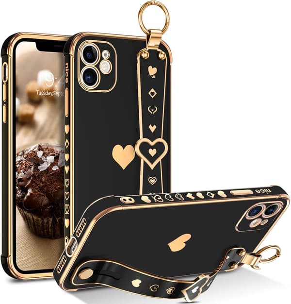 APPLE IPHONE 11 SILIKONE ETUI SORT GULD HJERTE + HOLDER A2111