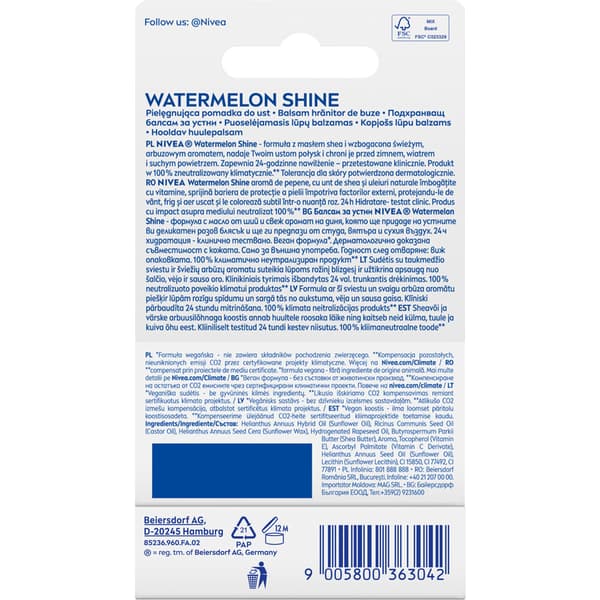 NIVEA Plejepomade til læber Watermelon Shine 4,8G