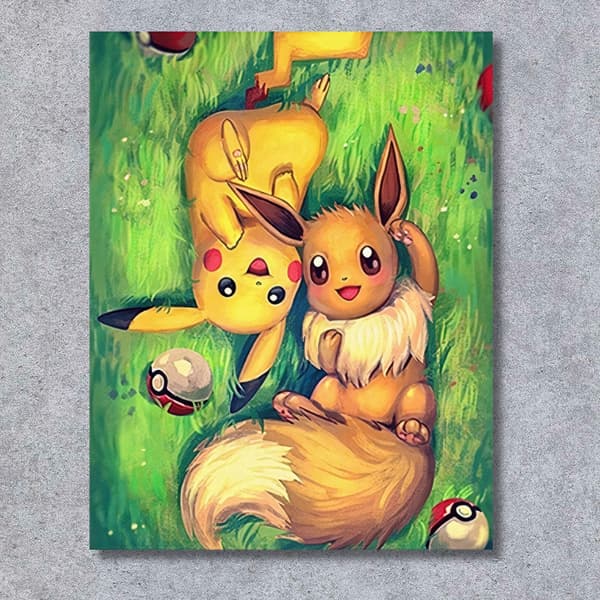 MALING EFTER TAL Billeder til maling - Pokémon Pikachu, Eevee 40x50cm