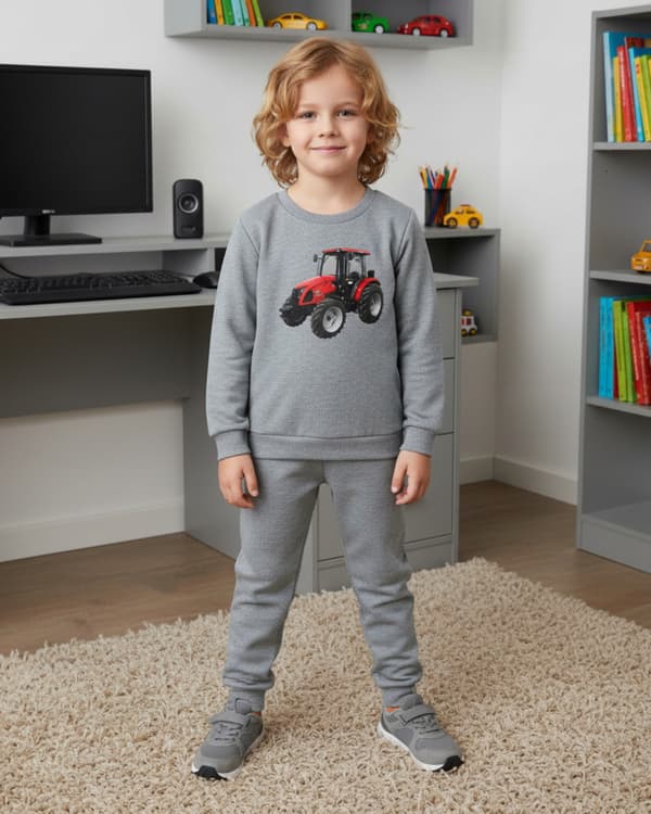 BARNPYJAMAS 128 för POJKAR 100% bomull TRAKTOR gråmelerad