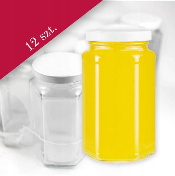 12x Glasburkar 385ml med lock HEXAGONAL burk för honung, gurkajuice