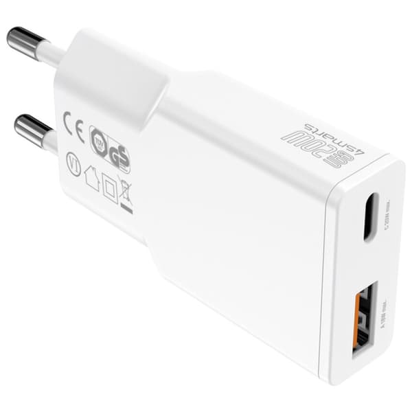 4smarts PDPlug Slim Duos 20W GaN USB-C+USB-A Väggladdare + USB-C Kabel 1,5m Vit
