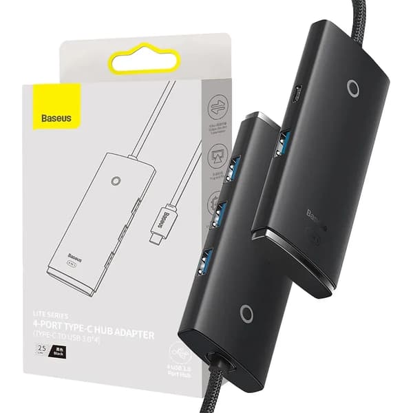 Baseus Lite -sarjan 4in1-keskitin USB-C - 4x USB 3.0 + USB-C, 25 cm (musta)