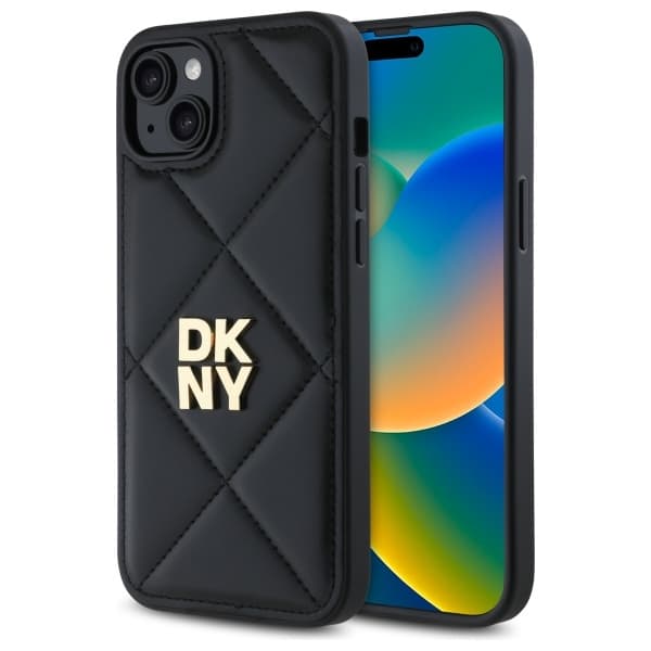 DKNY DKHCP15MPQDSLK iPhone 15 Plus 6.7 svart/svart quiltad Stack-logotyp