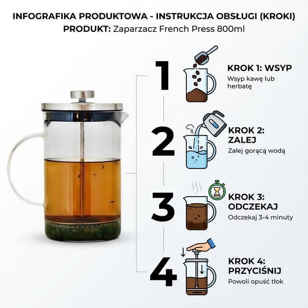 PISTON-INFUSER 800 ML SØLVKANDE TIL KAFFE OG TE Ø9 CM