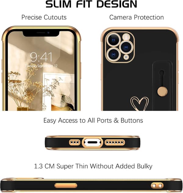 SORT ETUI TIL IPHONE 11 PRO MED STÆRK GULDRAMME MED HJERTE