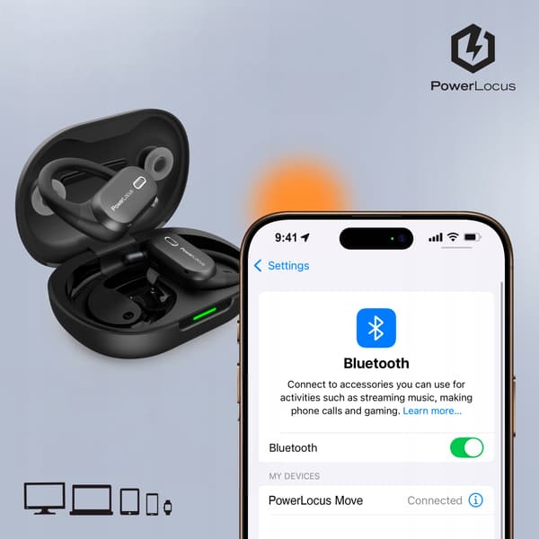 PowerLocus Bluetooth Åbne Hovedtelefoner Move 30h AI Mikrofoner