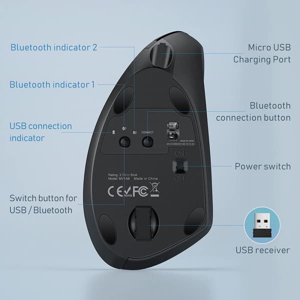 TRÅDLÖS SVART BLUETOOTH USB 2.4G ERGONOMISK VERTIKAL MUS