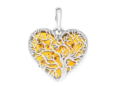 Sølv hjertevedhæng med oxideret rav i livets træ-amulet