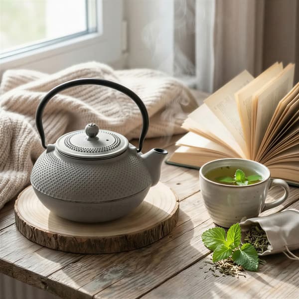 Støbejernskedel 1,5 l grå infuserfilter til te og krydderurter
