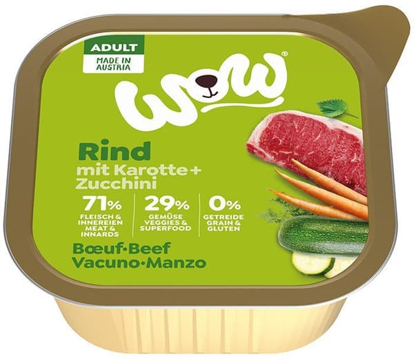 WOW | Vådfoder til hunde | Bakke 150g - WOW Rind - oksekød med gulerødder og zucchini 150g
