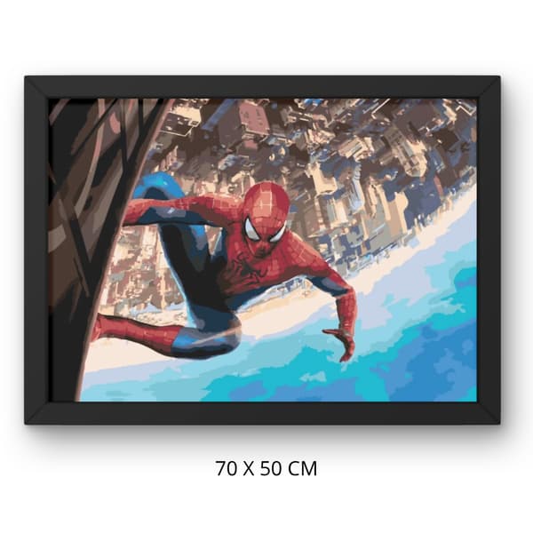 Måla efter nummer-bild med ram Spiderman över Marvel City 70x50 cm