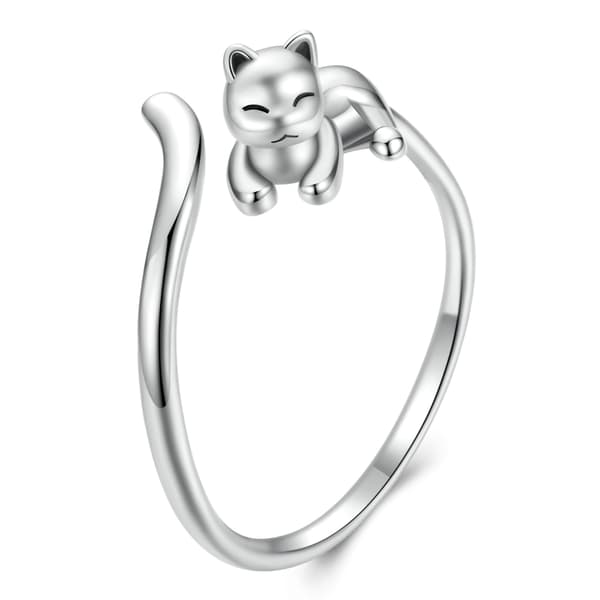 Justerbar silverring, charmig katt med lång svans, silver 925