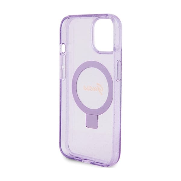 Guess Ring Stand Script Glitter MagSafe - iPhone 15 Plus -suojakuori (violetti)