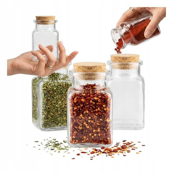 5X GLAS 150ML MED PROP TIL KRYDDERIER, URTER, LYS, BRYLLUPSGAVEN