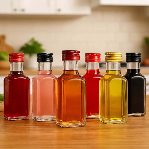 5x QUADRA glasflaskor 100ml med lock för vodkajuice glasflaska