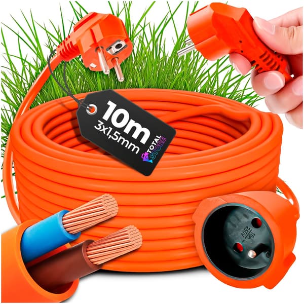 Forlængerledning til haveanlæg, plæneklippere, save, trimmere, 10M 3x1,5mm