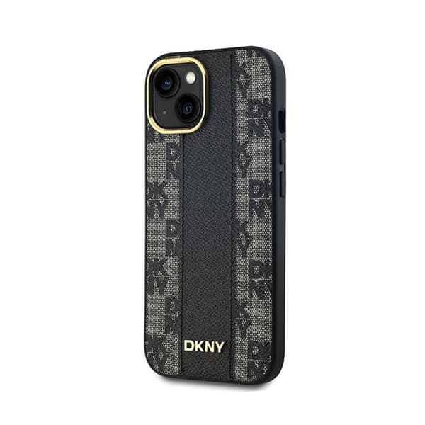 DKNY Læder Ternet Mono Mønster MagSafe - iPhone 15 Plus / 14 Plus Etui (Sort)
