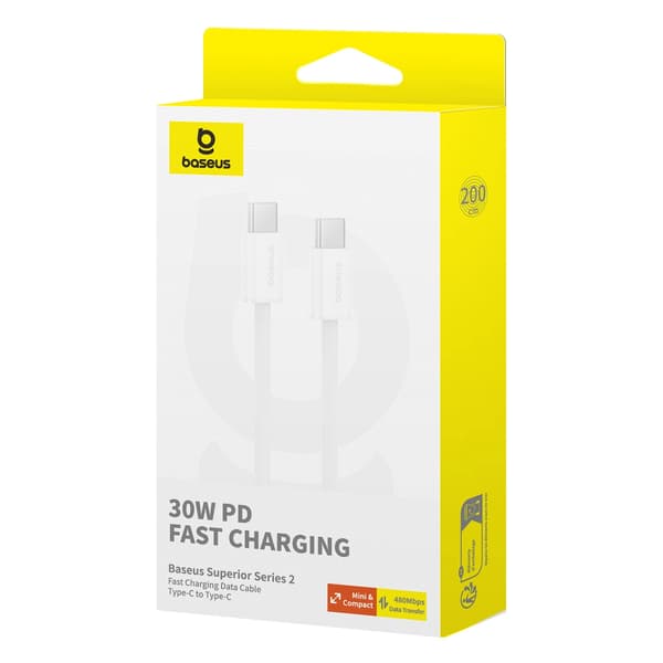 Baseus Superior Series ll USB-C -kaapeli - USB-C 30W 480Mb/s 2m - Valkoinen