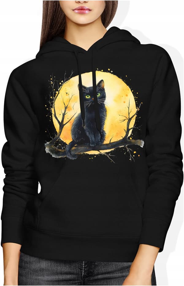 DAME SWEATSHIRT MED KAT MED DYR, KAT MED PRINT, BOMULD, SORT, L
