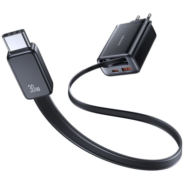 USAMS Xiang Series CC296 30W Vægoplader 1xUSB-C 1xUSB-A + USB-C Kabel Sort