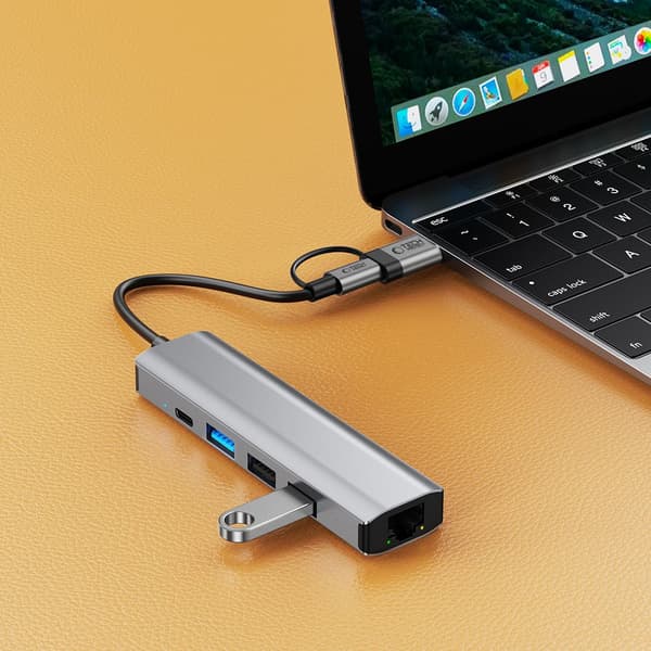 TECH-PROTECT HB03 HUBADAPTER 5-I-1 TYP-C + USB 2.0 + USB 3.0 + RJ45 RYMDRÅ