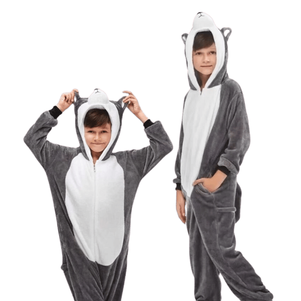 Kigurumi-pyjamas förklädnad grå husky barn 115-125 cm