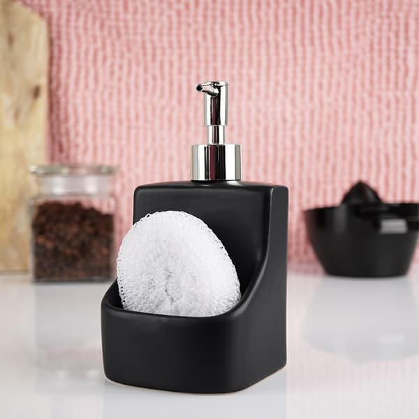 Opvaskemiddeldispenser med svampeholder og svamp, sort keramisk, 400 ml