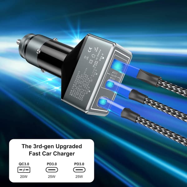 3-PORT USB BILOPLADER LED TIL CIGARETLYS 65W
