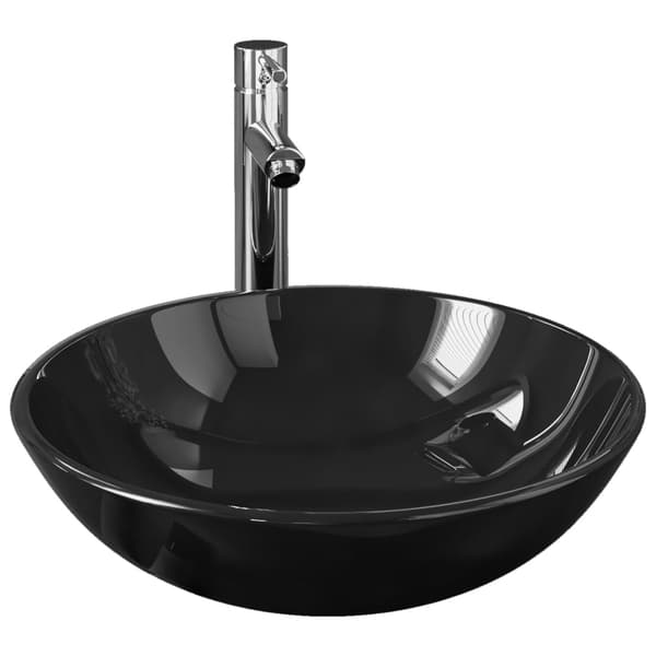 vidaXL håndvask med hane og prop, sort, hærdet glas