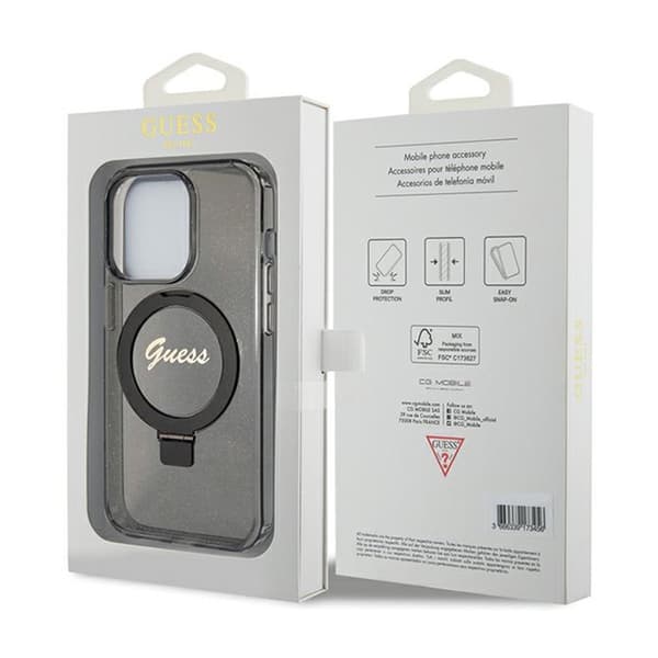 Guess Ring Stand Script Glitter MagSafe - iPhone 15 Pro Max-skal (svart)