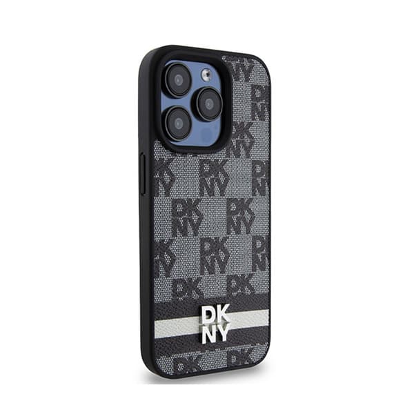 DKNY Læder Ternet Mono Mønster & Trykte Striber - iPhone 15 Pro Max Etui (Sort)