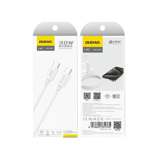 Dudao L4C USB-C / USB-C 30W 2m Kabel - Hvid