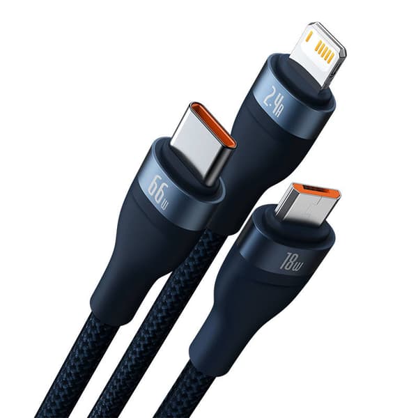 Baseus Flash Series 3-i-1 USB-kabel, USB-C + micro-USB + Lightning, 66W, 1,2m (blå)