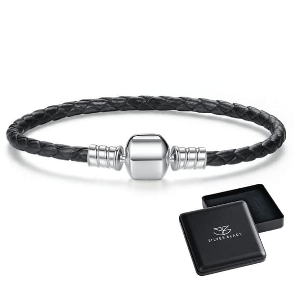 17 cm modulær læderarmbånd med sølvlås i sort