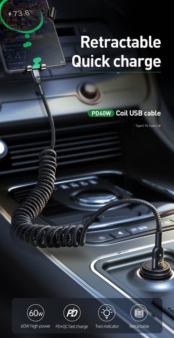 MCDODO USB-C-KABEL FJÄDERSPOLE SNABBLADDNING USB TYP C LED 2M