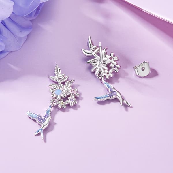 Sølv kolibri øreringe med blomster, 925 sølv ørestikker