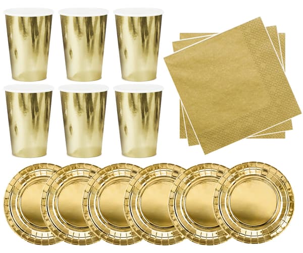 Sæt: Kopper, Tallerkener, Servietter, Guld