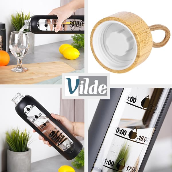 Lasinen musta vesipullo 1 l, silikonisella suojalla
