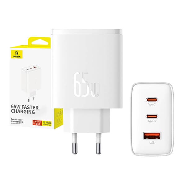 Baseus OS-Cube Pro 2xUSB-C + USB-seinälaturi, 65W (valkoinen)