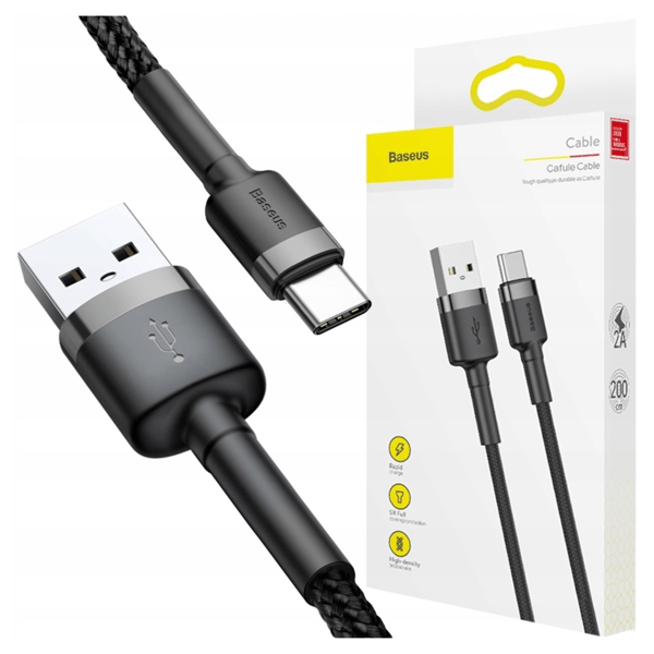 Baseus Cafule 2A USB-C-kaapeli 2m (harmaa-musta)