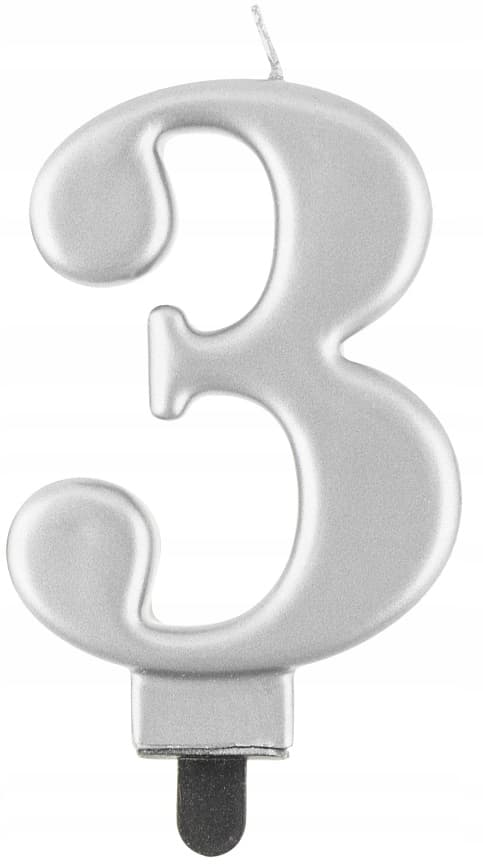 Nummer 3 ljus, metalliskt silver, 8 cm, 1 st.