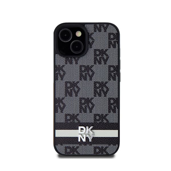 DKNY Læder Ternet Mono Mønster & Trykte Striber - iPhone 15 Plus / 14 Plus Etui (Sort)