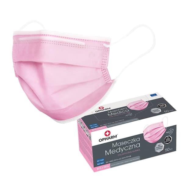 Rosa kirurgisk mask med elastiskt band typ IIR Opharm 50 st