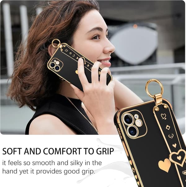 APPLE IPHONE 11 SILIKONE ETUI SORT GULD HJERTE + HOLDER A2111