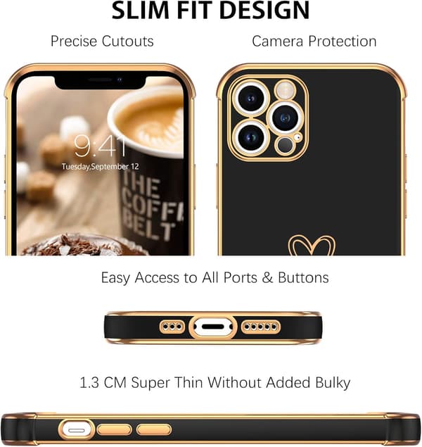 APPLE IPHONE 12 PRO SILIKONE ETUI SORT GULD RAMME HJERTE A2341