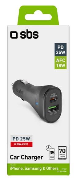 SBS USB-A USB-C PD Billaddare 25W Svart TECRPD25W